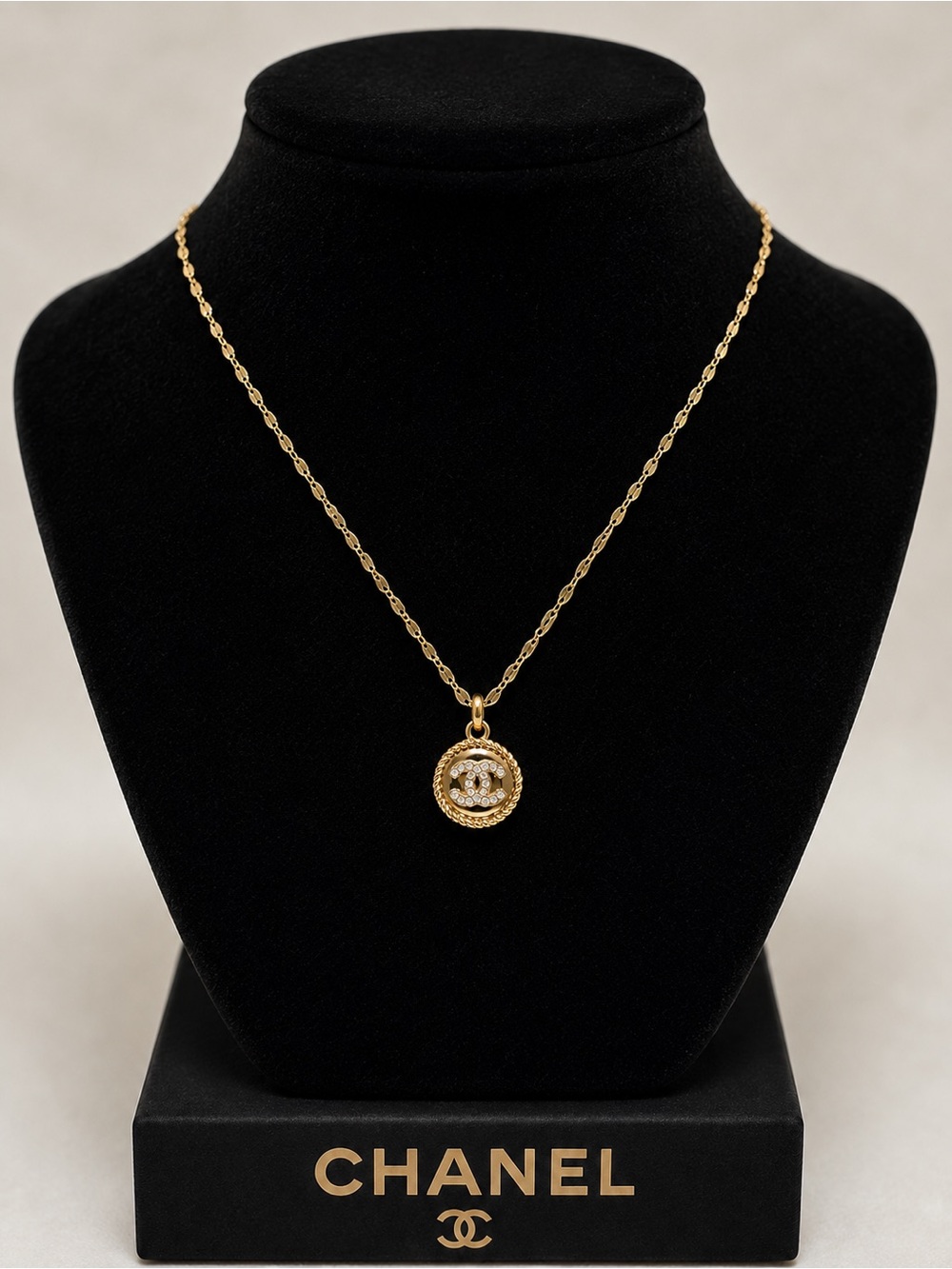 CHANEL Gold-Tone CC Medallion Necklace with Crystal Accents